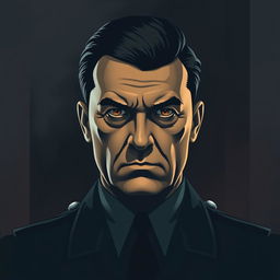 A stylized portrait of a historical figure resembling the personality of Adolf with distinctive features: a stern expression, slicked-back dark hair, and a military-style uniform