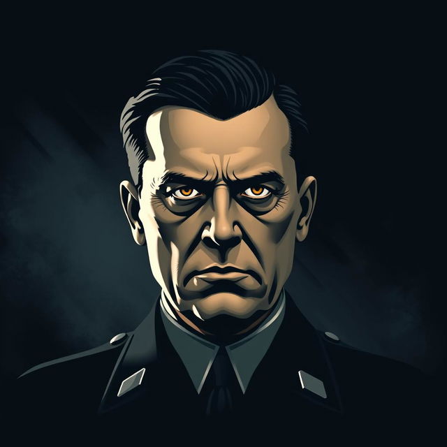 A stylized portrait of a historical figure resembling the personality of Adolf with distinctive features: a stern expression, slicked-back dark hair, and a military-style uniform