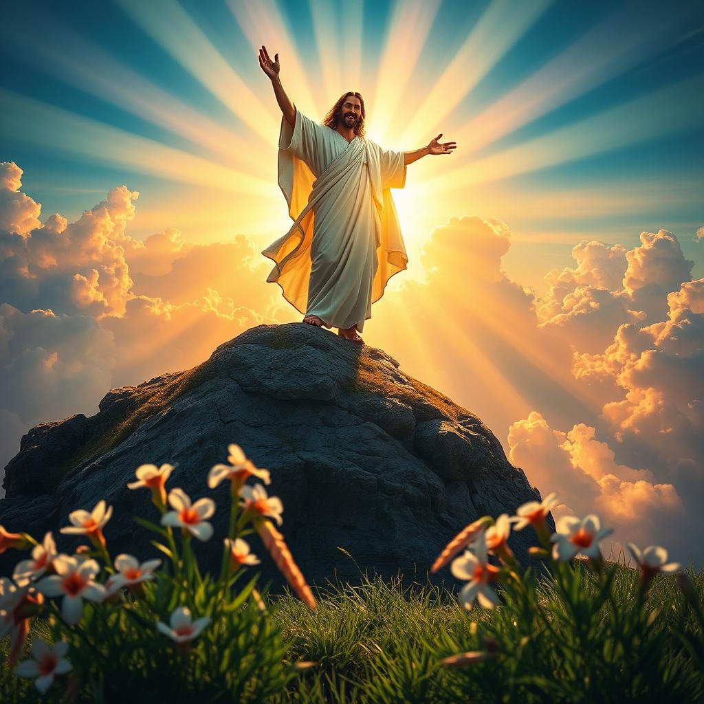 An inspiring and majestic depiction of the victory of Christ over death, set against a breathtaking backdrop of a radiant sunrise