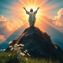 An inspiring and majestic depiction of the victory of Christ over death, set against a breathtaking backdrop of a radiant sunrise
