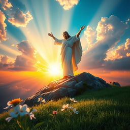 An inspiring and majestic depiction of the victory of Christ over death, set against a breathtaking backdrop of a radiant sunrise