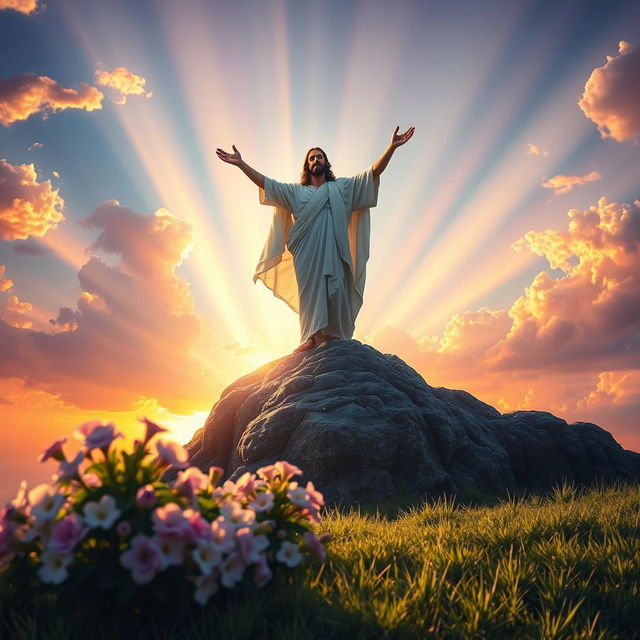 An inspiring and majestic depiction of the victory of Christ over death, set against a breathtaking backdrop of a radiant sunrise