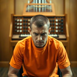 A short-haired man wearing an orange t-shirt sitting on a chair, looking angry