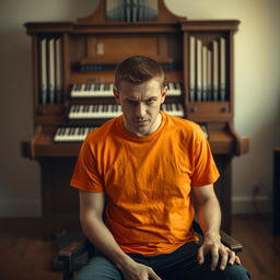 A short-haired man wearing an orange t-shirt sitting on a chair, looking angry