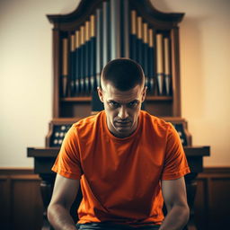 A short-haired man wearing an orange t-shirt sitting on a chair, looking angry