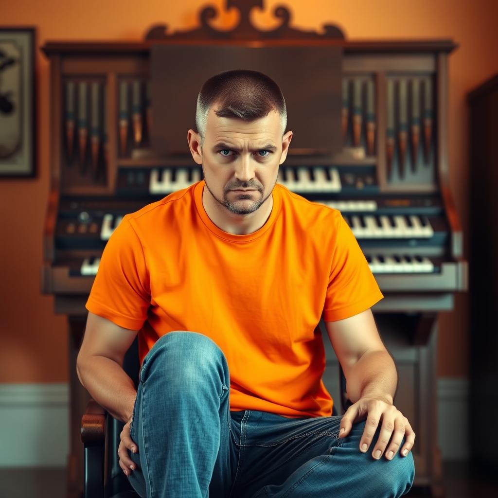 A short-haired man wearing an orange t-shirt sitting on a chair, looking angry