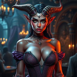 A seductive and alluring Tiefling courtesan character, featuring prominent cleavage