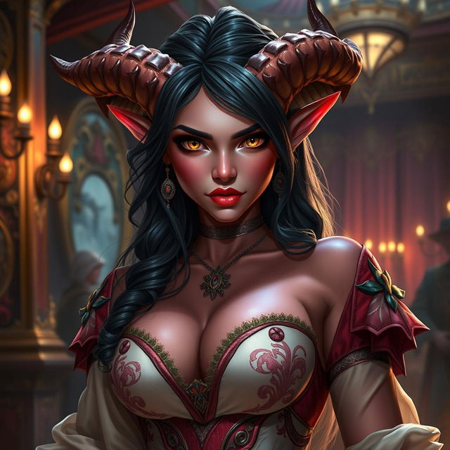 A seductive and alluring Tiefling courtesan character, featuring prominent cleavage