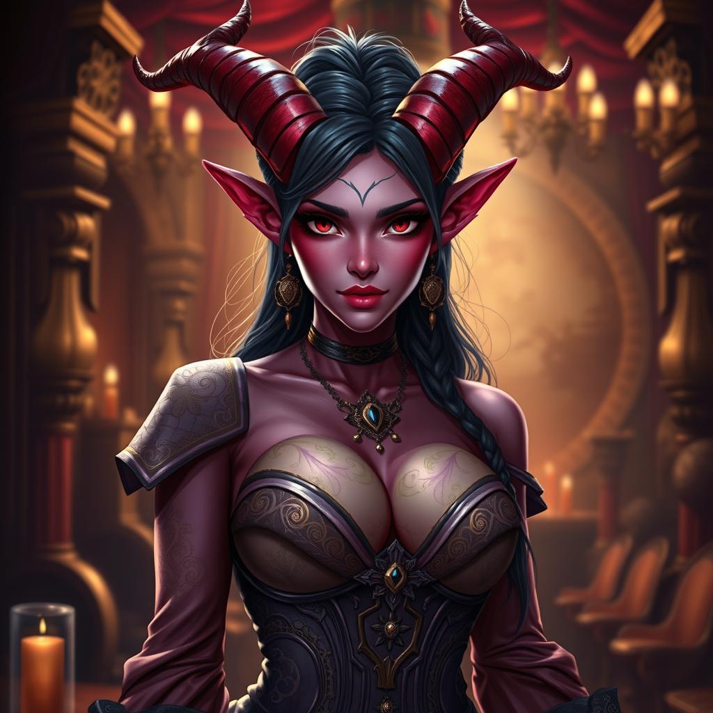 A seductive and alluring Tiefling courtesan character, featuring prominent cleavage