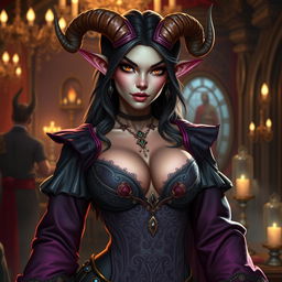 A seductive and alluring Tiefling courtesan character, featuring prominent cleavage