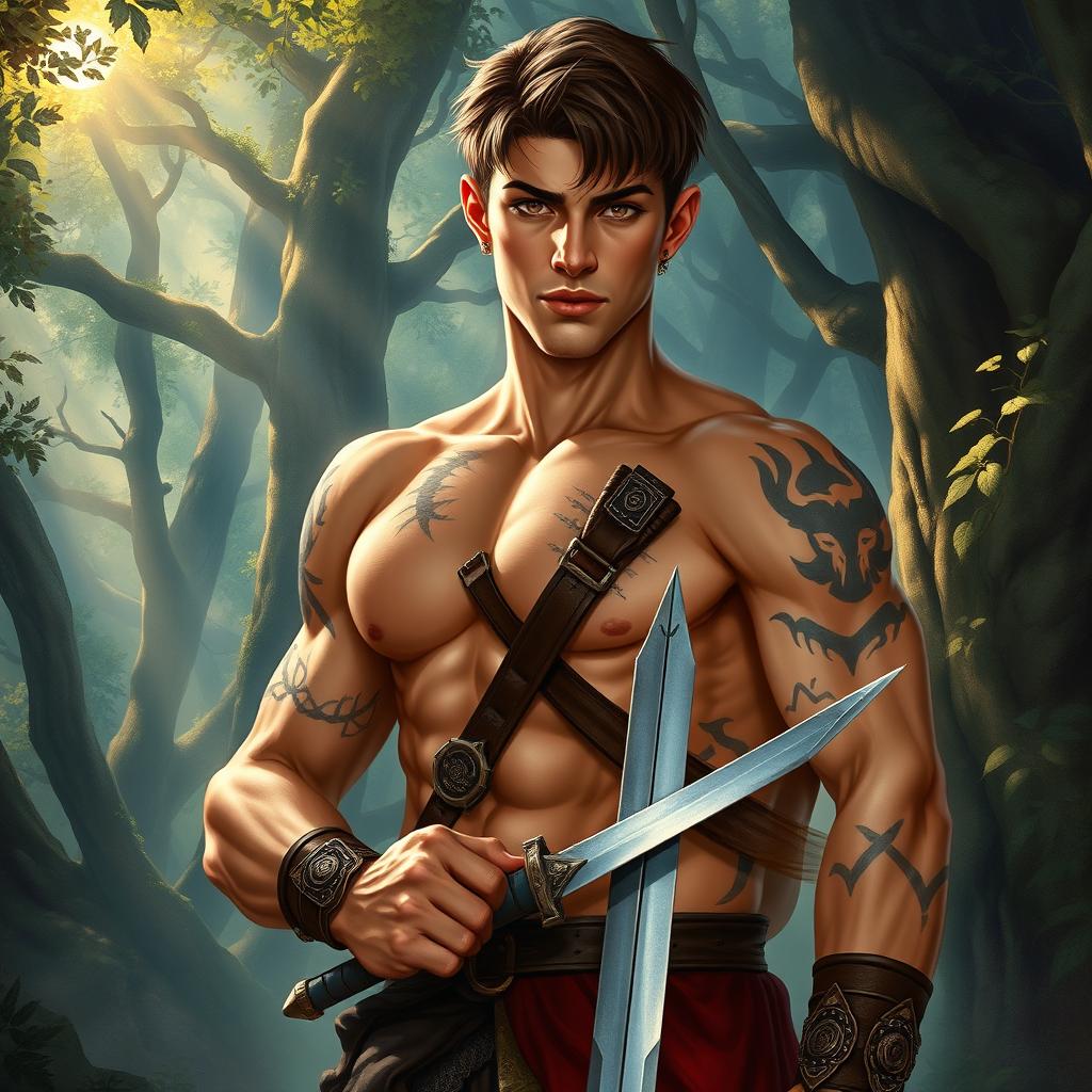 A fantasy book cover featuring a character who is the son of Ares, aged 17