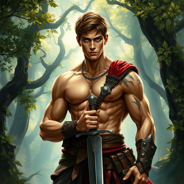 A fantasy book cover featuring a character who is the son of Ares, aged 17