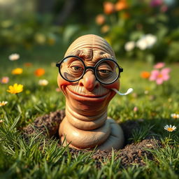 An elderly, bespectacled worm emerging from the ground, engaging in conversation
