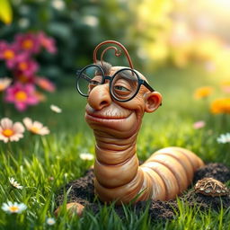 An elderly, bespectacled worm emerging from the ground, engaging in conversation