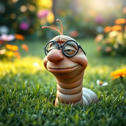 An elderly, bespectacled worm emerging from the ground, engaging in conversation