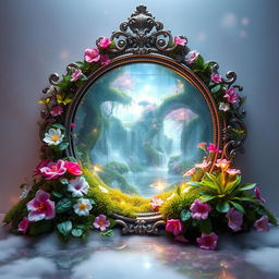 A mirror serving as a portal to a world of dreams, intricately decorated with magical flowers, soft moss, and lush leaves