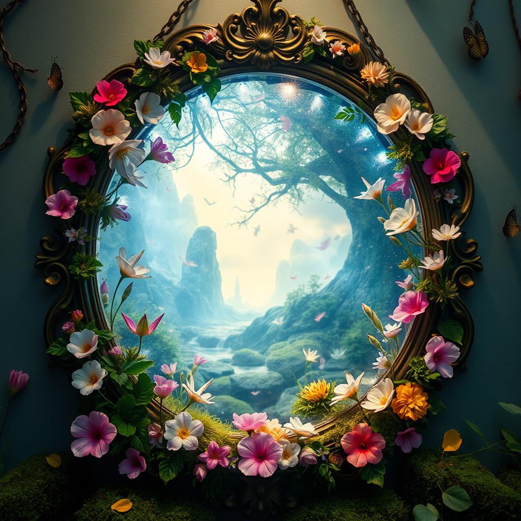 A mirror serving as a portal to a world of dreams, intricately decorated with magical flowers, soft moss, and lush leaves