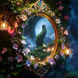 A mirror serving as a portal to a world of dreams, intricately decorated with magical flowers, soft moss, and lush leaves