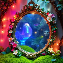 A mirror serving as a portal to a world of dreams, intricately decorated with magical flowers, soft moss, and lush leaves