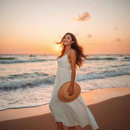 A beautiful woman standing gracefully by the beach, her hair flowing in the gentle wind, wearing a flowing white sundress, with waves crashing softly in the background