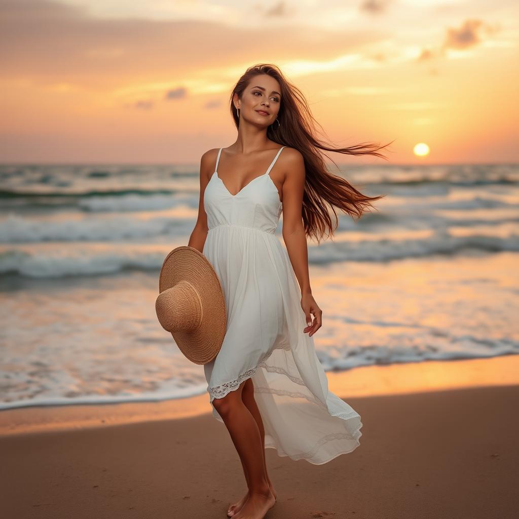 A beautiful woman standing gracefully by the beach, her hair flowing in the gentle wind, wearing a flowing white sundress, with waves crashing softly in the background