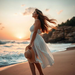 A beautiful woman standing gracefully by the beach, her hair flowing in the gentle wind, wearing a flowing white sundress, with waves crashing softly in the background