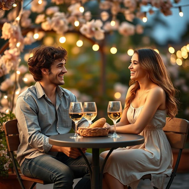 A romantic scene of a boyfriend and girlfriend on a date, laughing and smiling under the soft glow of fairy lights in a cozy outdoor setting