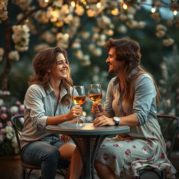 A romantic scene of a boyfriend and girlfriend on a date, laughing and smiling under the soft glow of fairy lights in a cozy outdoor setting
