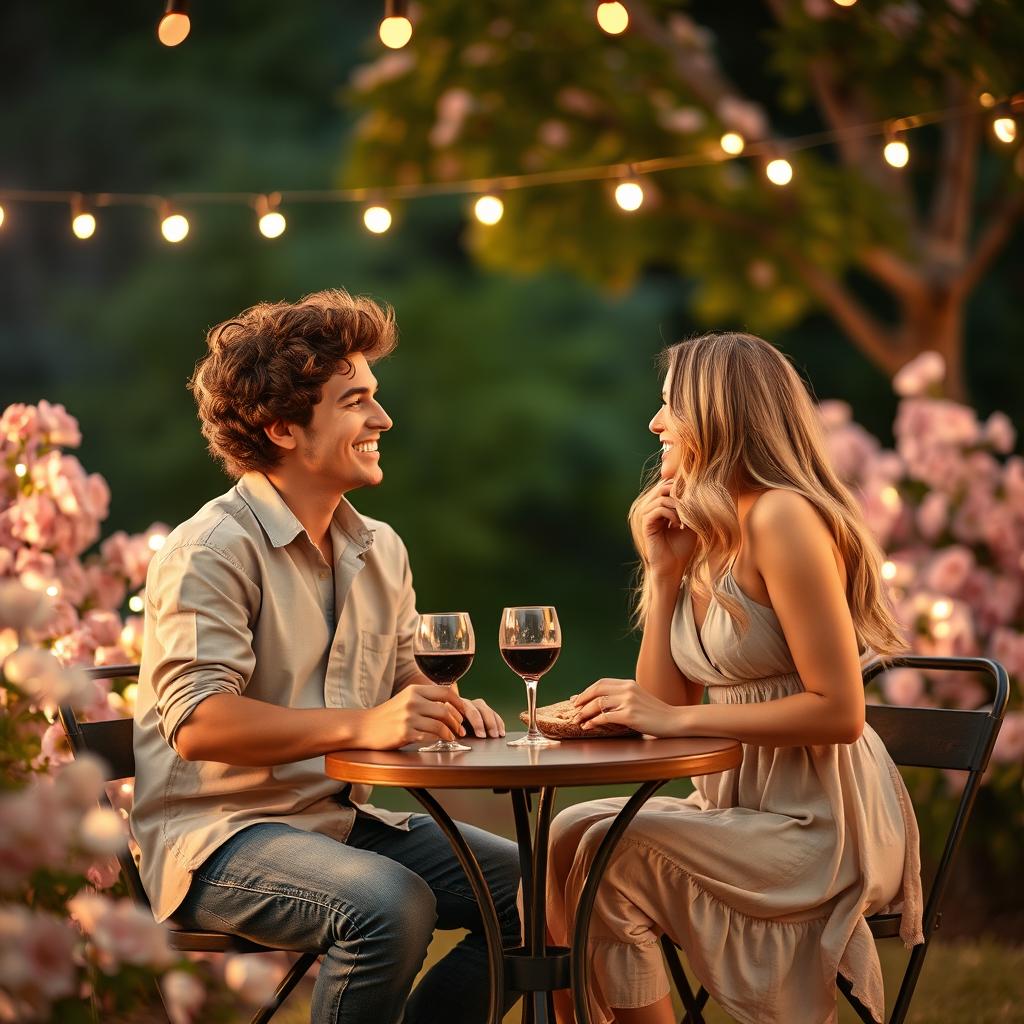 A romantic scene of a boyfriend and girlfriend on a date, laughing and smiling under the soft glow of fairy lights in a cozy outdoor setting