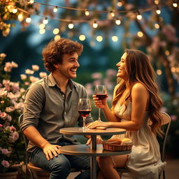 A romantic scene of a boyfriend and girlfriend on a date, laughing and smiling under the soft glow of fairy lights in a cozy outdoor setting