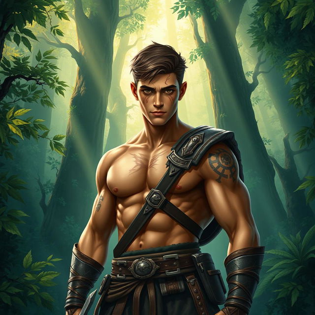 A fantasy book cover featuring a character who is the son of Ares, aged 17