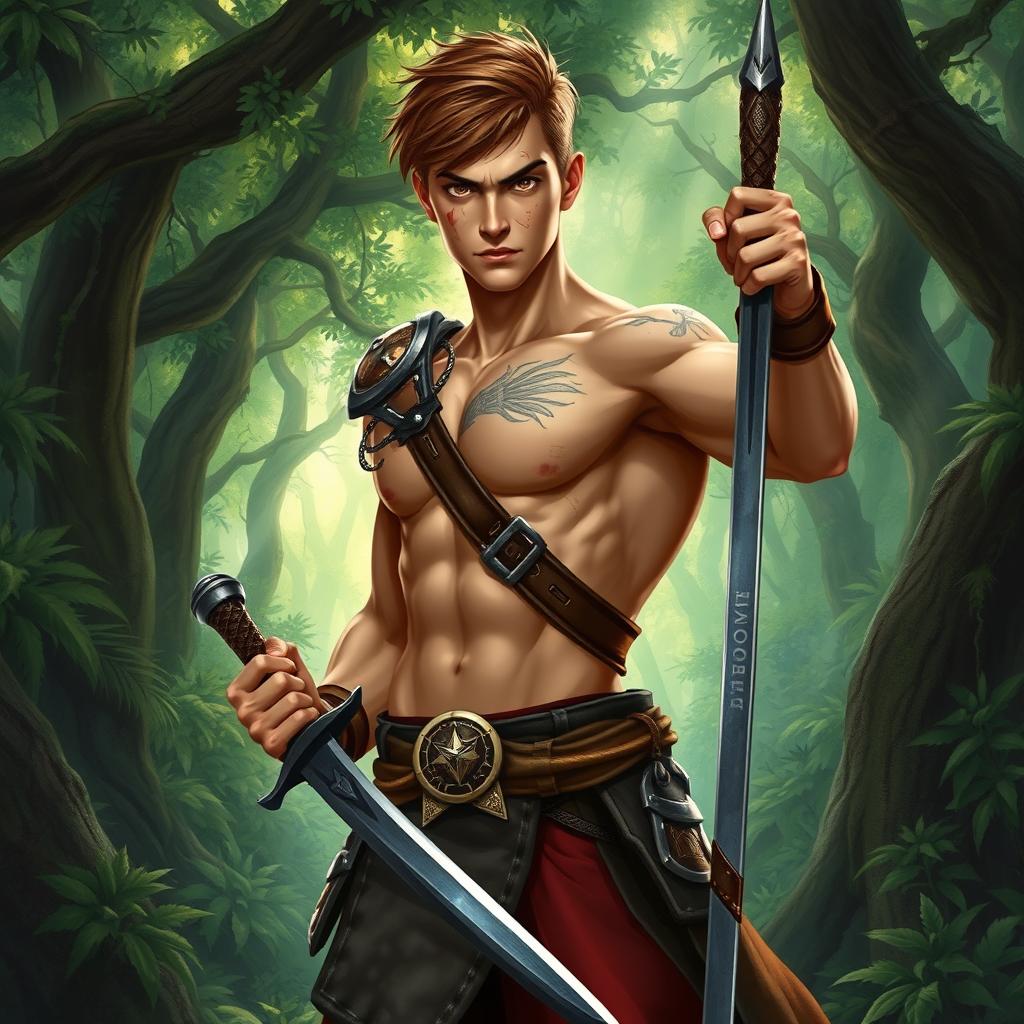 A fantasy book cover featuring a character who is the son of Ares, aged 17