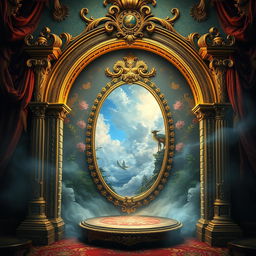 A magical mirror serving as a portal to the world of dreams, elegantly framed within a beautiful Baroque arch