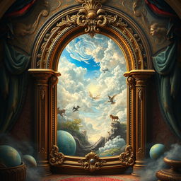 A magical mirror serving as a portal to the world of dreams, elegantly framed within a beautiful Baroque arch