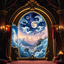A magical mirror serving as a portal to the world of dreams, elegantly framed within a beautiful Baroque arch