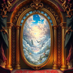 A magical mirror serving as a portal to the world of dreams, elegantly framed within a beautiful Baroque arch