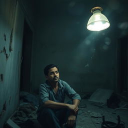 A man sitting inside a house with damaged and crumbling walls, the lighting is low and somewhat eerie due to a busted light fixture flickering overhead