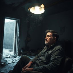 A man sitting inside a house with damaged and crumbling walls, the lighting is low and somewhat eerie due to a busted light fixture flickering overhead