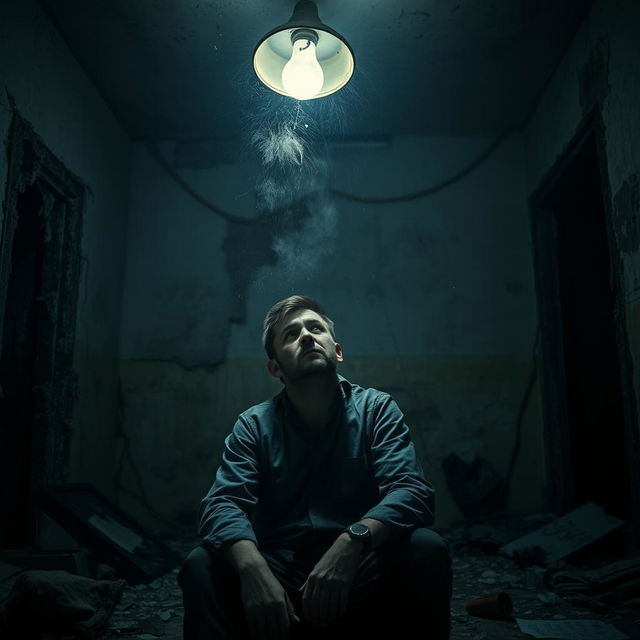 A man sitting inside a house with damaged and crumbling walls, the lighting is low and somewhat eerie due to a busted light fixture flickering overhead