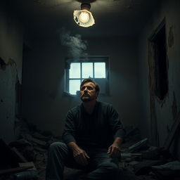 A man sitting inside a house with damaged and crumbling walls, the lighting is low and somewhat eerie due to a busted light fixture flickering overhead