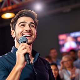 A vibrant and engaging profile picture for Facebook featuring a person passionately holding a microphone while talking to an audience