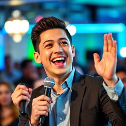 A vibrant and engaging profile picture for Facebook featuring a person passionately holding a microphone while talking to an audience
