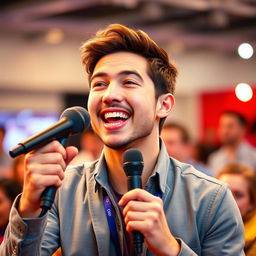 A vibrant and engaging profile picture for Facebook featuring a person passionately holding a microphone while talking to an audience