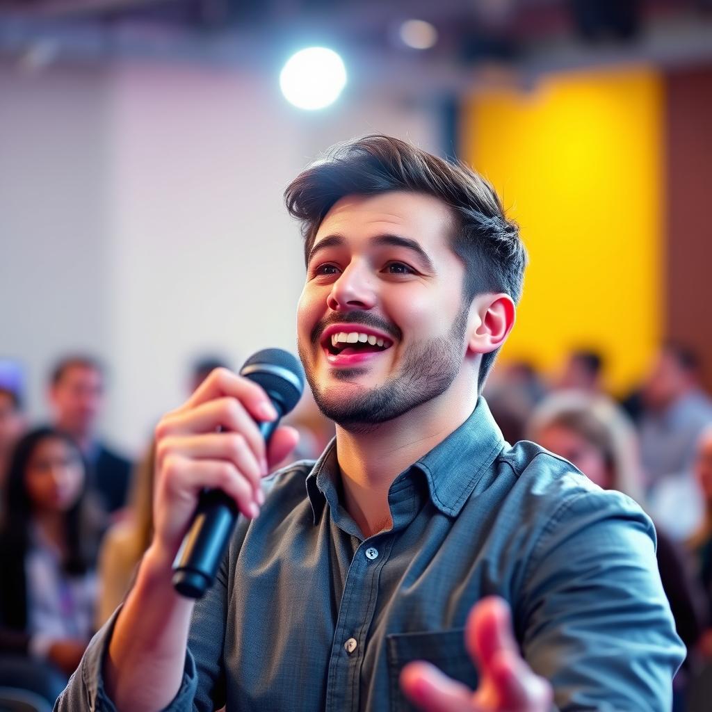 A vibrant and engaging profile picture for Facebook featuring a person passionately holding a microphone while talking to an audience