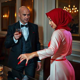 A beautiful Chinese woman wearing a hijab and red French lingerie with sleek red pointy heels, gracefully dancing in front of a bald-headed white man dressed in an elegant suit