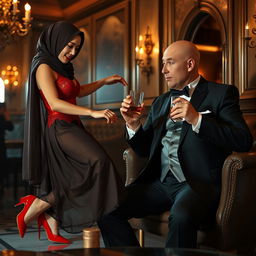 A beautiful Chinese woman wearing a hijab and red French lingerie with sleek red pointy heels, gracefully dancing in front of a bald-headed white man dressed in an elegant suit