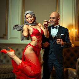 A beautiful Chinese woman wearing a hijab and red French lingerie with sleek red pointy heels, gracefully dancing in front of a bald-headed white man dressed in an elegant suit