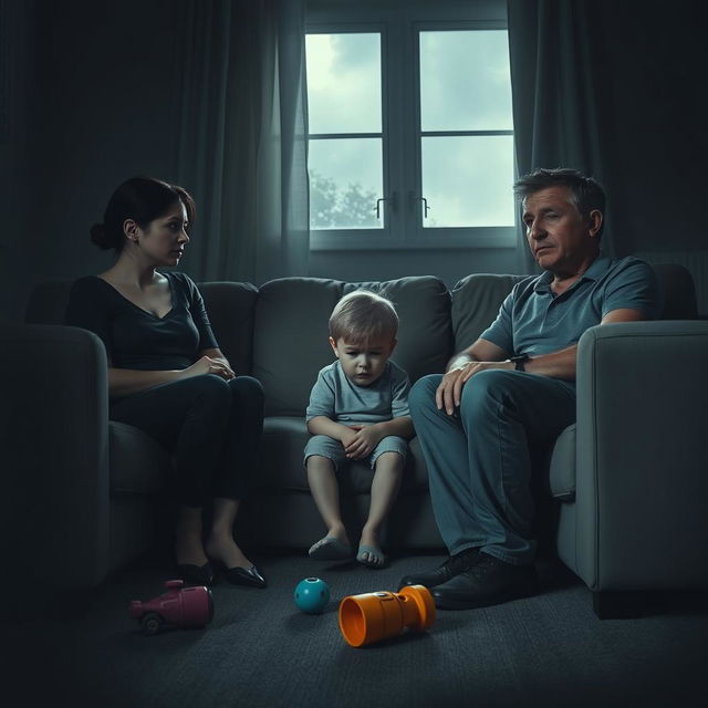 A poignant depiction of a broken family, showcasing a mother and a father sitting on opposite ends of a couch, both looking away with expressions of sadness and frustration