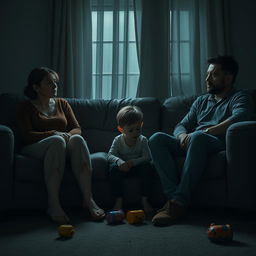 A poignant depiction of a broken family, showcasing a mother and a father sitting on opposite ends of a couch, both looking away with expressions of sadness and frustration