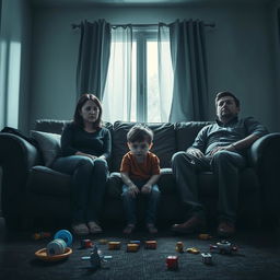 A poignant depiction of a broken family, showcasing a mother and a father sitting on opposite ends of a couch, both looking away with expressions of sadness and frustration